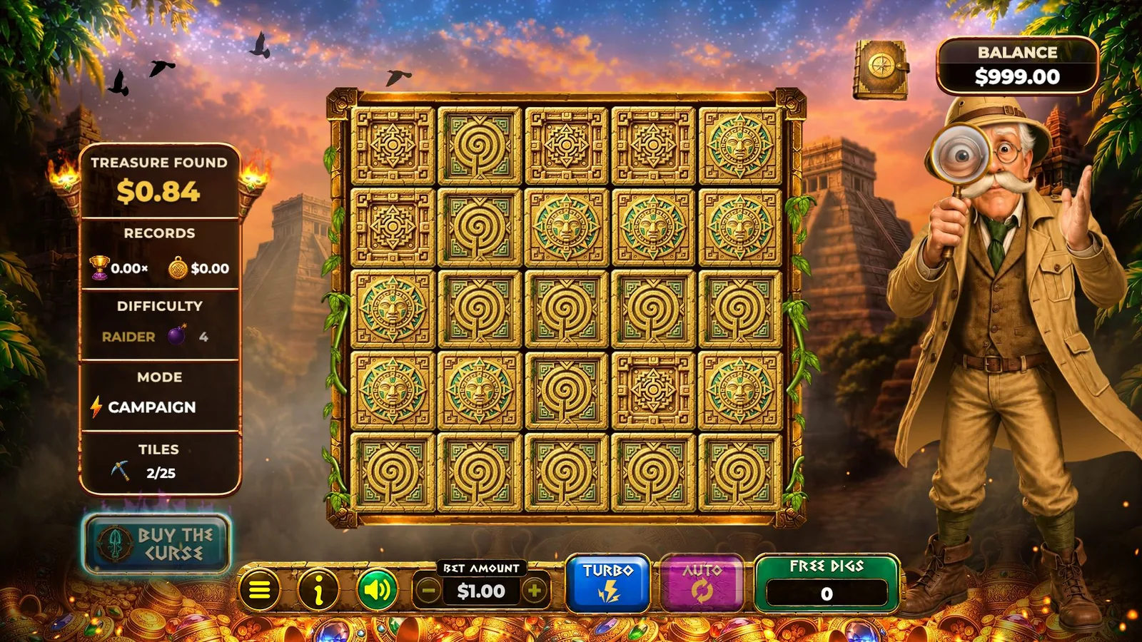 In-game: the archaeologist appears beside the board with his magnifying glass